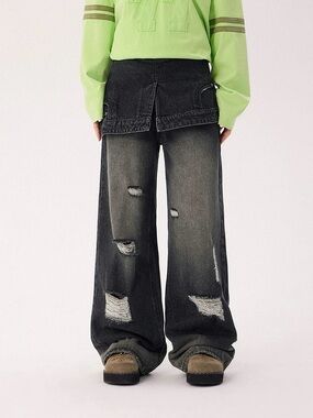 Boyfriend Wide-Leg Distressed Jeans - Black Wash